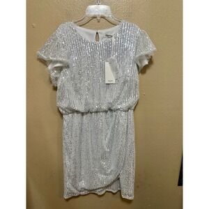 Grace Kari Women Silver Sequin Tulle Flutter Sleeve Ruched Waist‎ Party Dress L